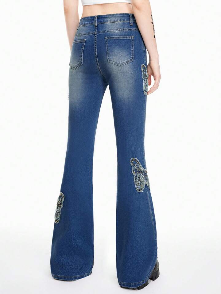 Fairycore Women's Vintage Butterfly Stud Beaded Bohemian Flared Jeans