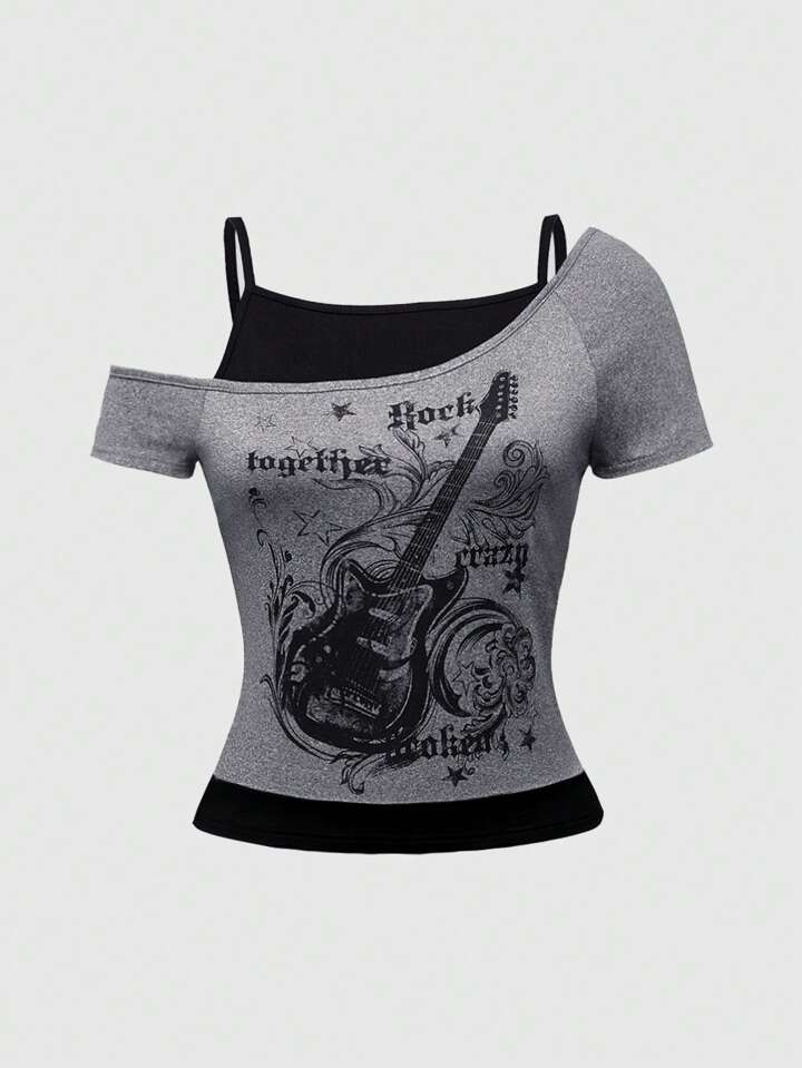 Grunge Punk Grunge Guitar Printed Rock Music Festival Oversized Color Block Drop-Shoulder Women's T-Shirt, School