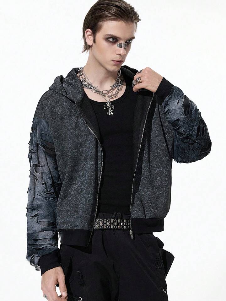 Grunge Punk Men's Streetwear Color Block Zip-Up Hoodie, Fall