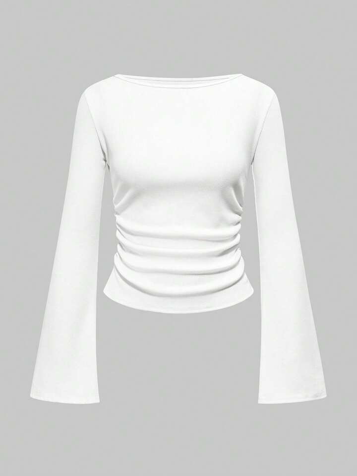 Goth Basic Boat Neck Bell Sleeve Solid Color Slim Fit White Long Sleeve Women T-Shirt