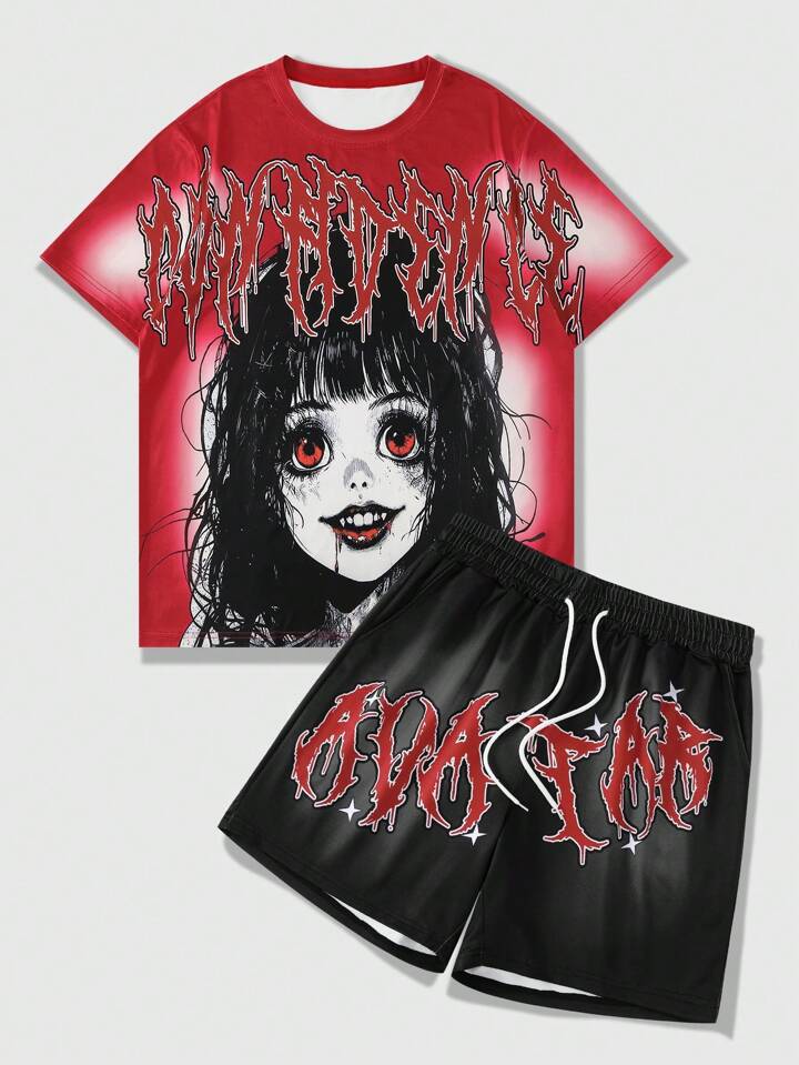 Men's Anime Letter Print Round Neck Short Sleeve Casual T-Shirt And Drawstring Waist Shorts Set