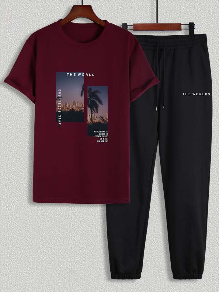 Guys Coconut Tree & Slogan Graphic Tee & Drawstring Waist Sweatpants