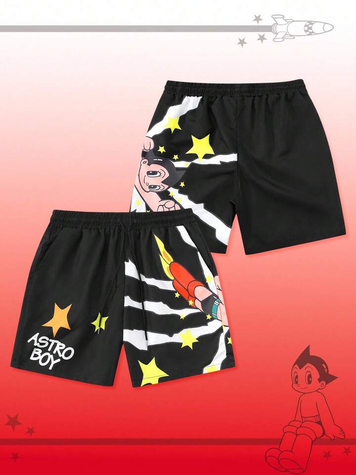 Astro Boy X ROMWE Men's Printed Woven Casual Shorts, Suitable For Spring/Summer