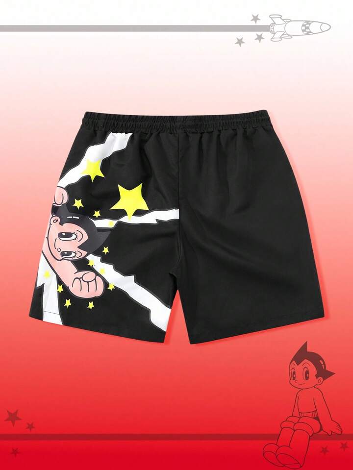 Astro Boy X ROMWE Men's Printed Woven Casual Shorts, Suitable For Spring/Summer
