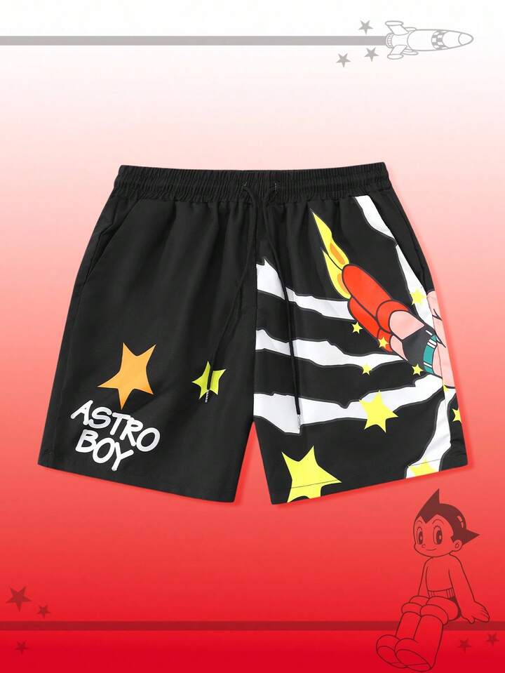 Astro Boy X ROMWE Men's Printed Woven Casual Shorts, Suitable For Spring/Summer