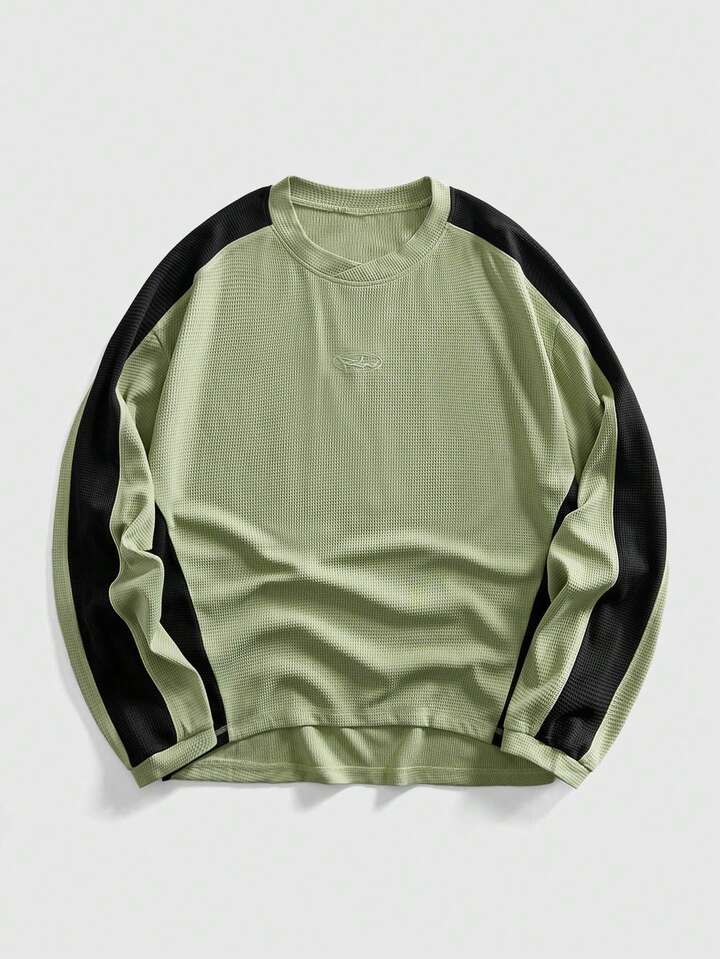 Prep Men's Casual Contrast Color Patchwork Crew Neck Pullover Sweatshirt, Long Sleeve Top