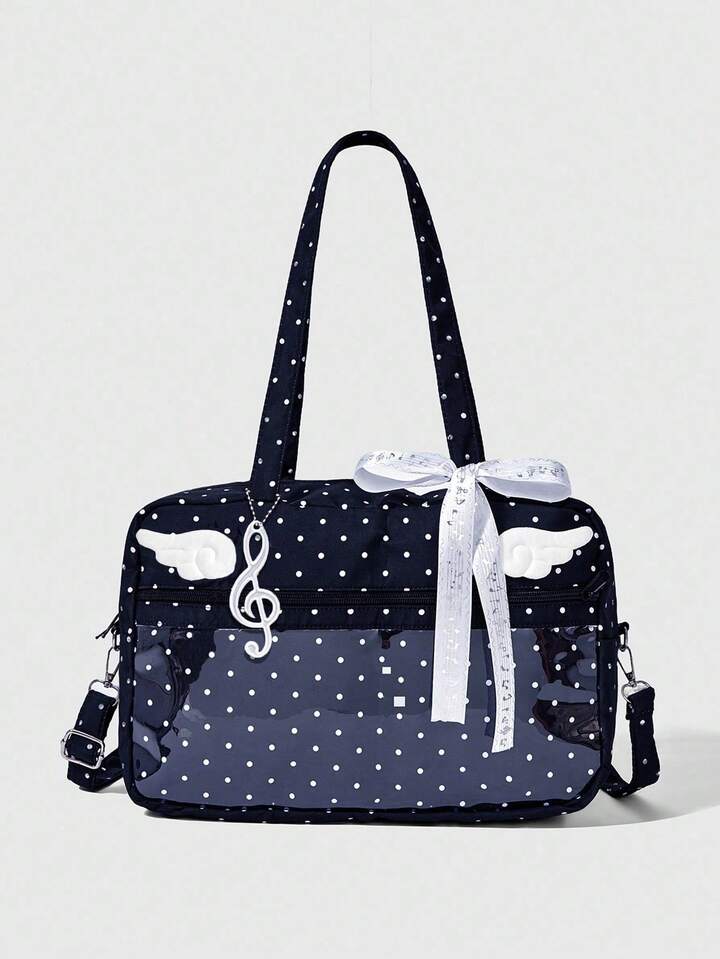 Anime Cute Polka Dot Wing Handbag Shoulder Crossbody Bag, Y2K Versatile Commute Tote Bag Large Capacity + Musical Note Strap