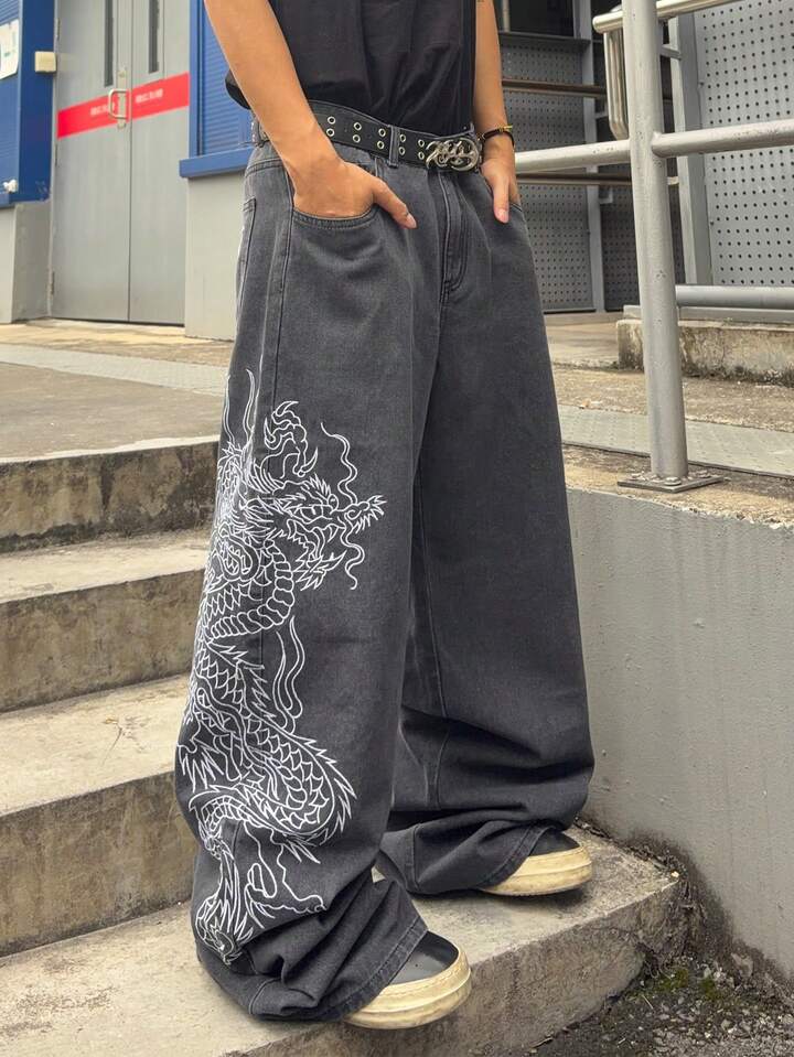 Anime Men's Loose Fit Dragon Embroidery Denim Jeans