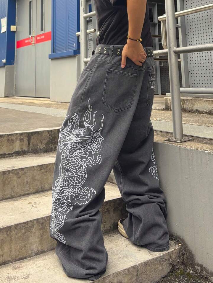 Anime Men's Loose Fit Dragon Embroidery Denim Jeans