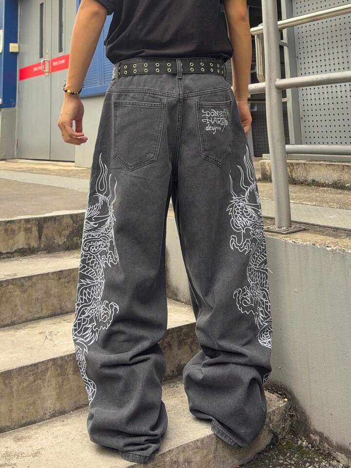 Anime Men's Loose Fit Dragon Embroidery Denim Jeans