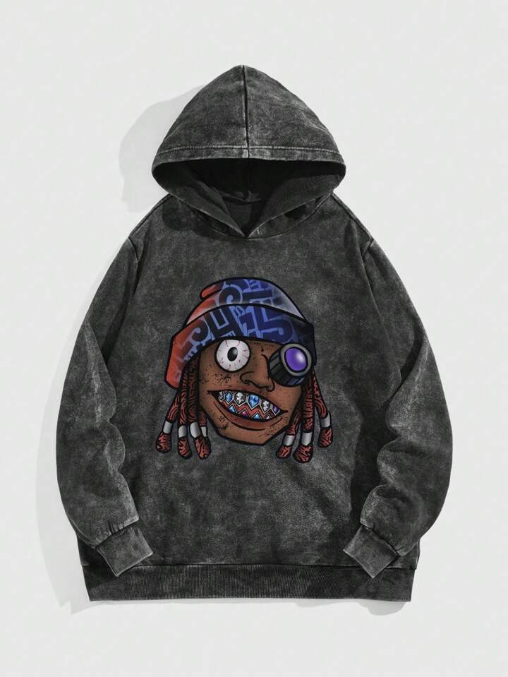 Street Life Men's Casual Cartoon Print Loose Pullover Hoodie, Suitable For Sports And Daily Wear, Autumn