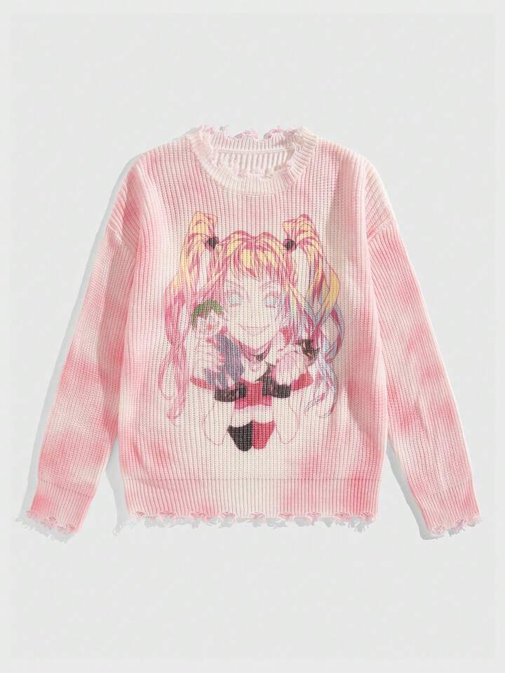 Harley Quinn | ROMWE Men's Cartoon Character Ombre Loose Distressed Edge Sweater