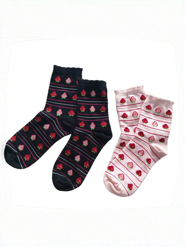 Kawaii Cute Strawberry Striped Print Floral Lace Trim Short Socks, Sweet & Casual Versatile Lolita Style