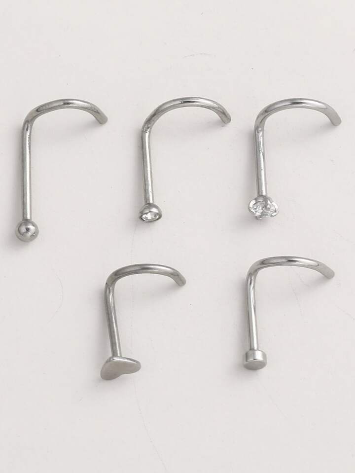 5pcs/set Stainless Steel, Simple & Stylish Rhinestone Decor Nose Ring For Women And Men, Punk Piercing, A Fashionable Body Jewelry Gift For Any Occasion, Stainless Steel Jewelry
