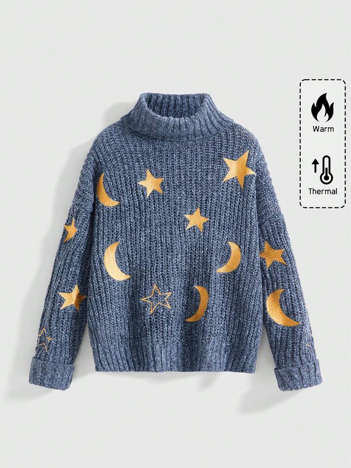 Fairycore Plus Size Fairy Core Dreamy Star & Moon Embroidery Plus Size Loose Knit Pullover Sweater, Autumn/Winter Fashion Casual Streetwear High Neck Sweater For Women