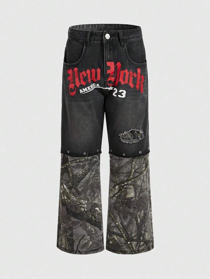 Street Life Men's Casual Streetwear Letter & Tree Print Raw Edge Loose Straight 2 In 1 Jeans