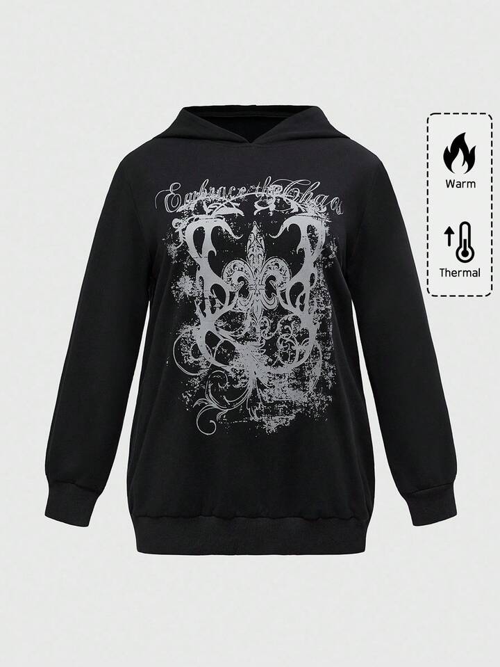 Plus Size Gothic Cross Graphic Casual Sweatshirt, Autumn/Winter Street Style Black Sweatshirt, Long Sleeve Plus Size Loose Fit Pullover Top For Women