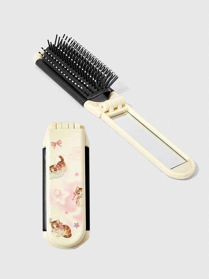Kawaii 1pc Cherry Smile Back To School Print Folding Hair Comb With Mirror, Portable All-In-One Styling Tool