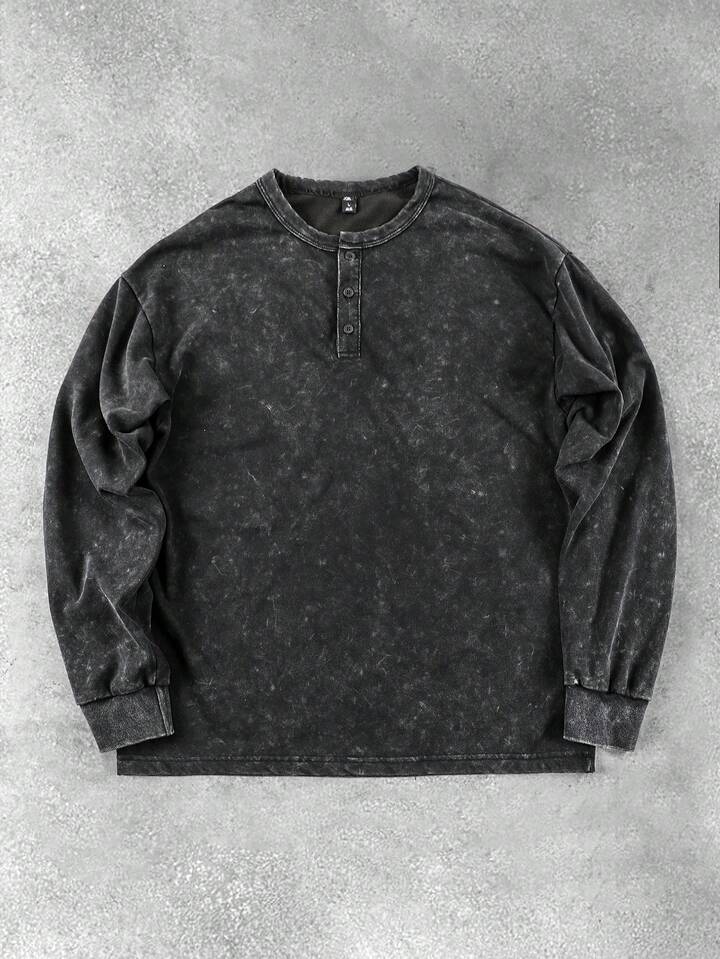 Men's Henley Shirt, Washed Vintage Long Sleeve T-Shirt, Relaxed Fit