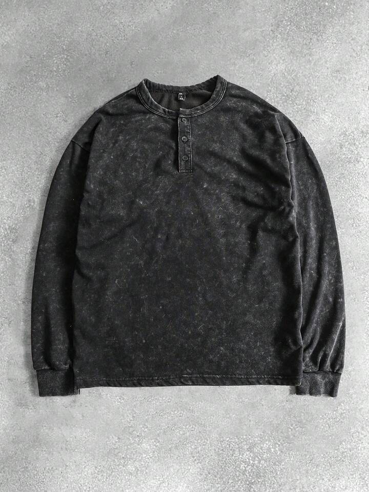 Men's Henley Shirt, Washed Vintage Long Sleeve T-Shirt, Relaxed Fit