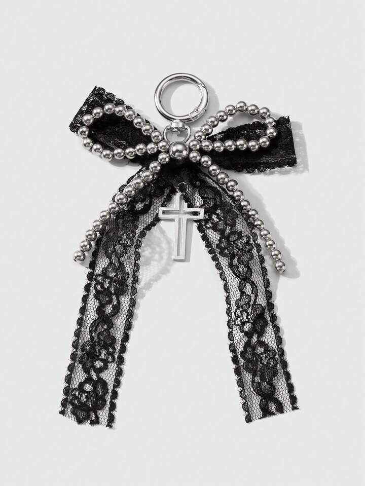 Kawaii 1pc Y2K Gothic-Style Handmade Beaded Silver CCB, Black Lace Net Mesh Bow, Hollow Cross Pendant Keychain Bag Charm, Suitable For Women/Girls Everyday Wear, Holiday Gift Valentines, Halloween