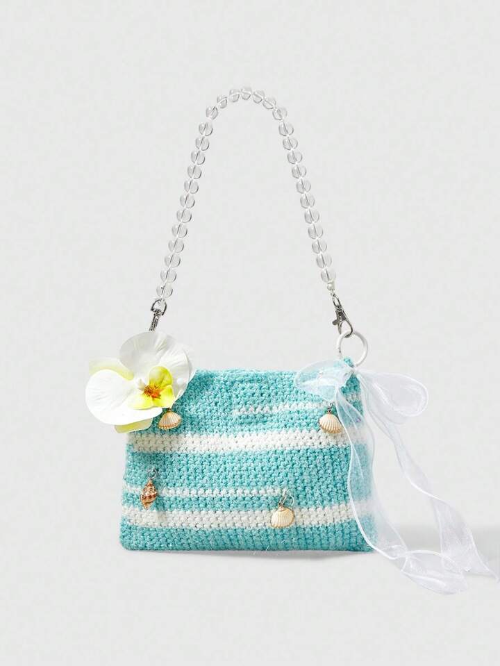 Fairycore Women's Vacation Casual Shell 3D Flower Decor Woven Tote Bag