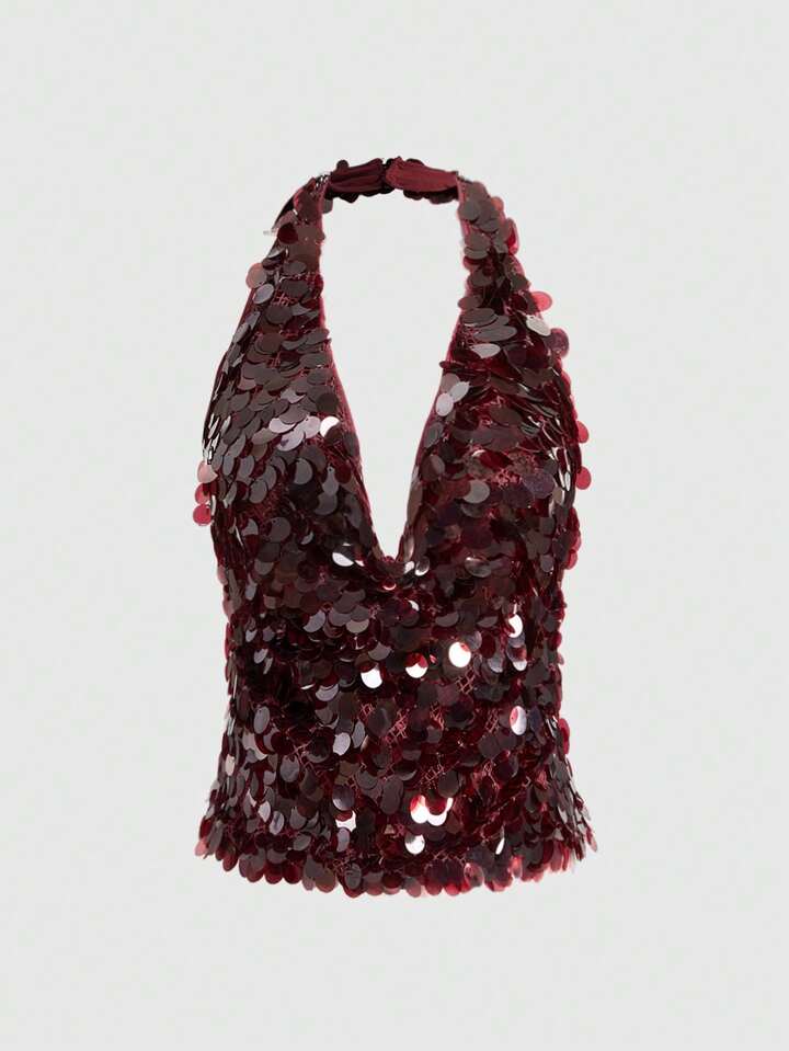 Y2K Glitter Deep Draped Neck Halter Backless Tank Top, Suitable For Beach Party