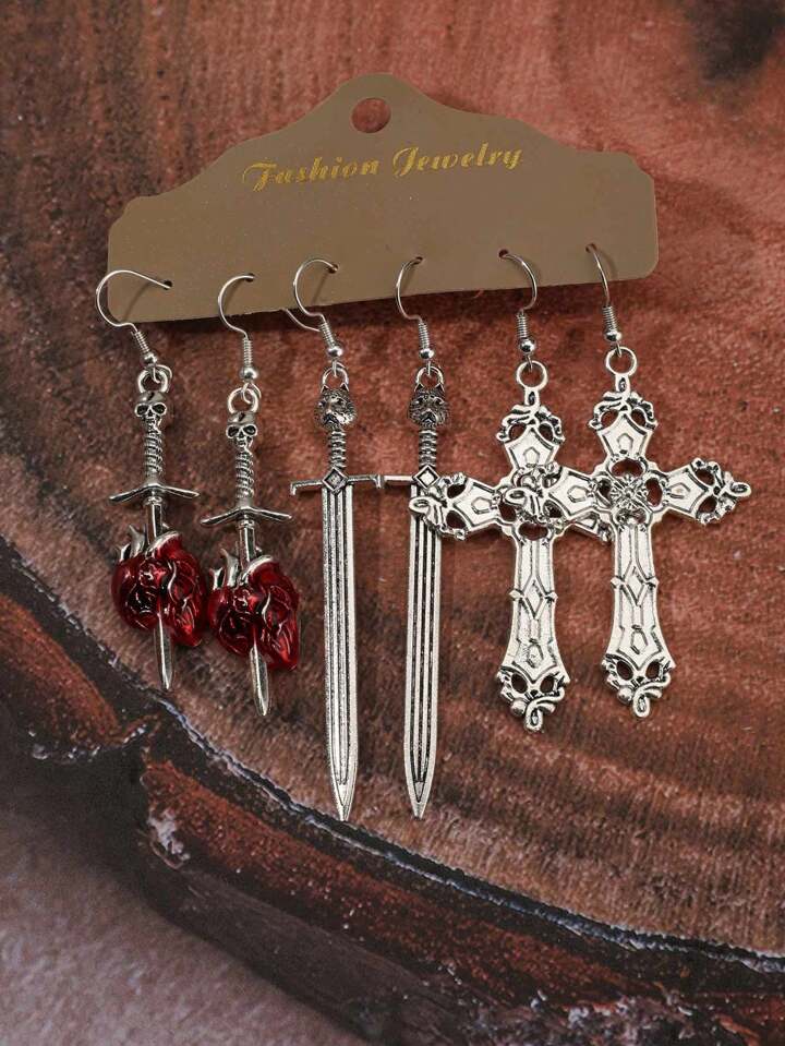 6pcs/Set Gothic Style Vintage Cross, Heart & Sword Shaped Earrings (Without Card), Halloween