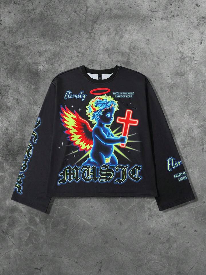 Street Life Men's Angel Letter Print Round Neck Long Sleeve Casual T-Shirt