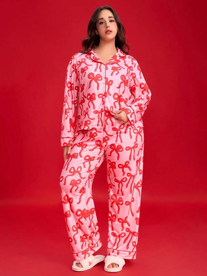 Kawaii Romantic Valentine's Day Bow Print Lapel Long Sleeve & Pants Plus Size Pajama Set