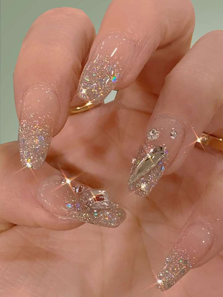 Fairycore 24pcs Long Coffin Rhinestone Decor Fake Nail & 1sheet Tape