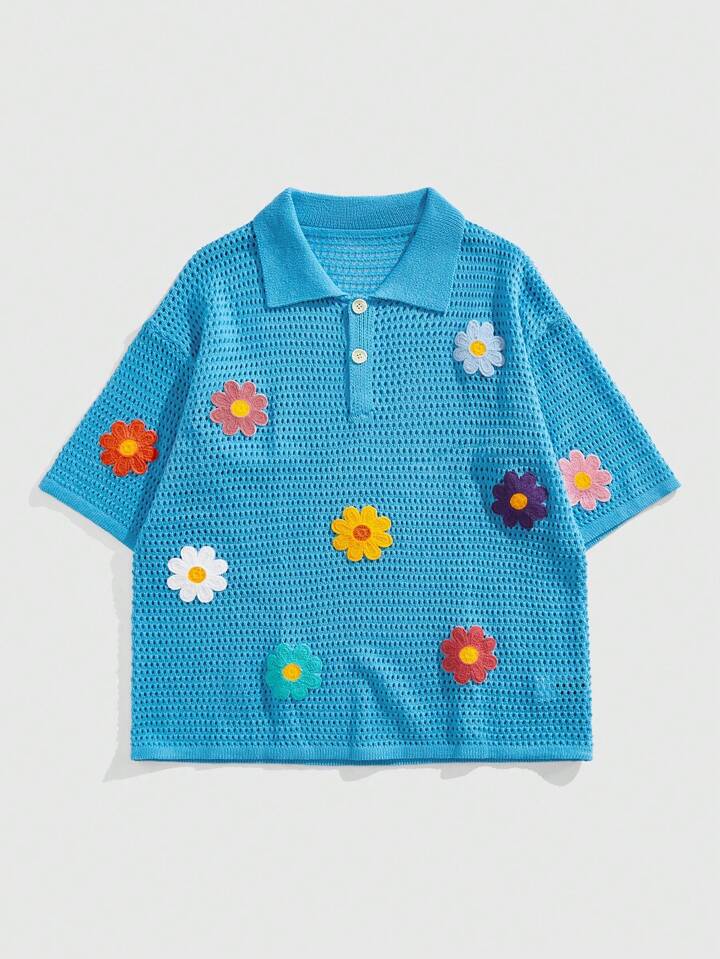 Casual Men's Street Life Embroidered Floral Pattern Loose Dropped Shoulder Hollow Out Knit Polo Shirt
