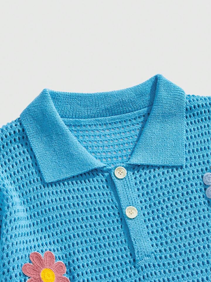 Casual Men's Street Life Embroidered Floral Pattern Loose Dropped Shoulder Hollow Out Knit Polo Shirt