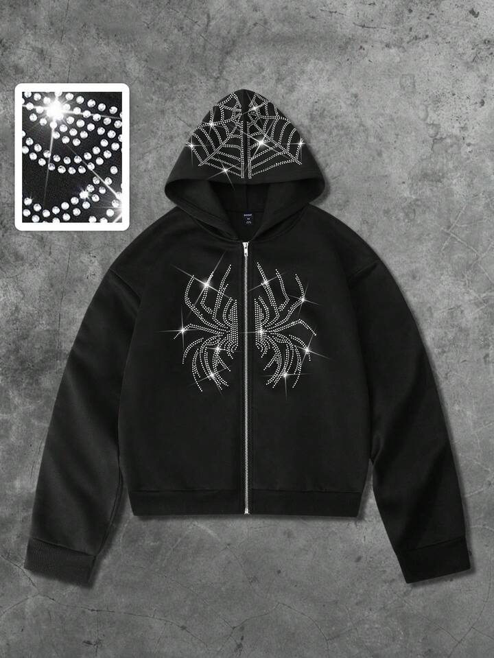 Street Life Men's Rhinestone Spider Embellished Streetwear Style Hoodie Sweatshirt, Autumn/Winter