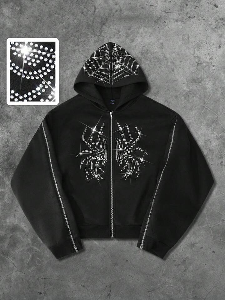 Street Life Men's Rhinestone Spider Embellished Streetwear Style Hoodie Sweatshirt, Autumn/Winter 3 Street Life Men's Rhinestone Spider Embellished Streetwear Style Hoodie Sweatshirt, Autumn/Winter
