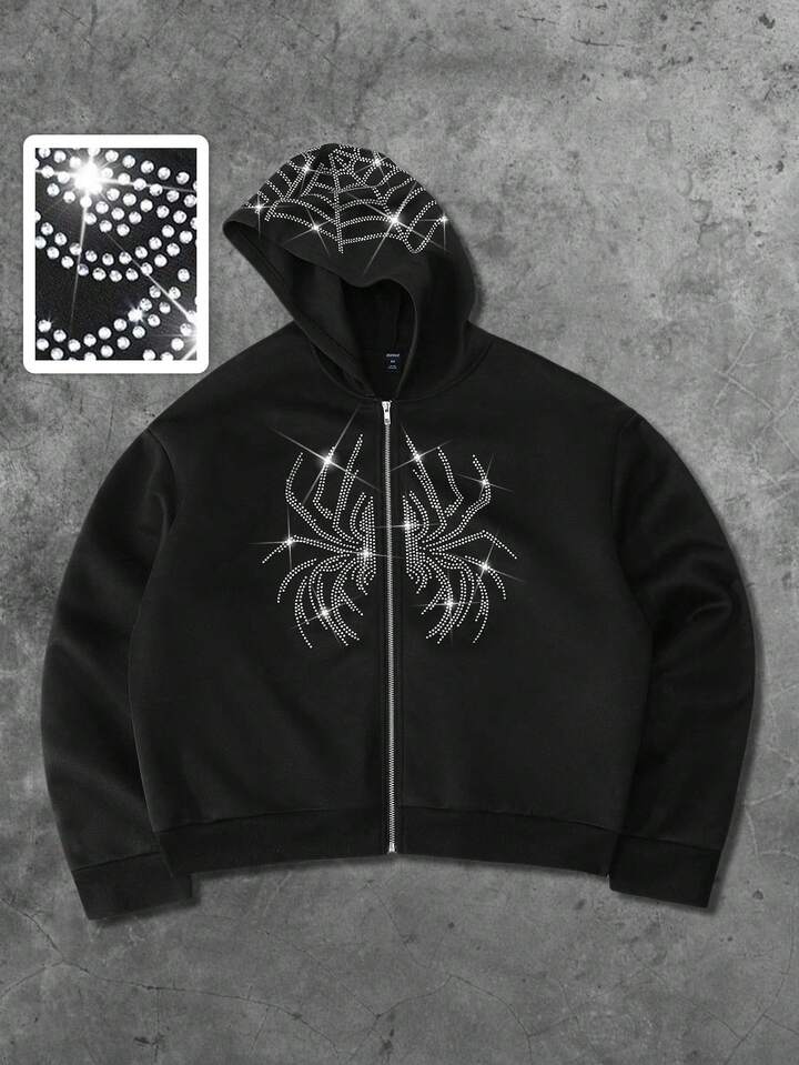Street Life Men's Rhinestone Spider Embellished Streetwear Style Hoodie Sweatshirt, Autumn/Winter 4 Street Life Men's Rhinestone Spider Embellished Streetwear Style Hoodie Sweatshirt, Autumn/Winter