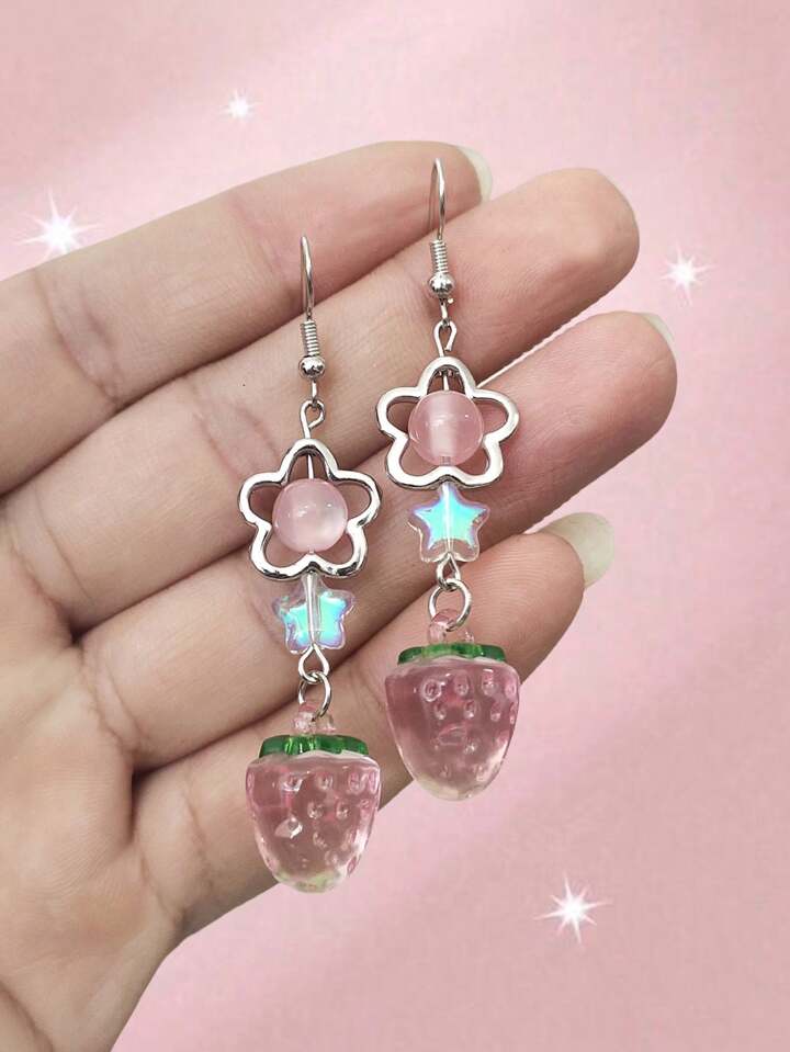 Kawaii Cute Polymer Clay Beaded Star, Strawberry Shaped Pendant Earrings Jewelry Gift