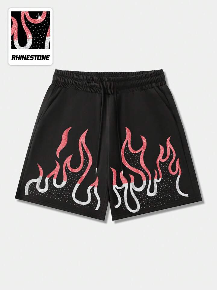 Street Life Men's Casual Flame Print Rhinestone Embellished Shorts, Summer