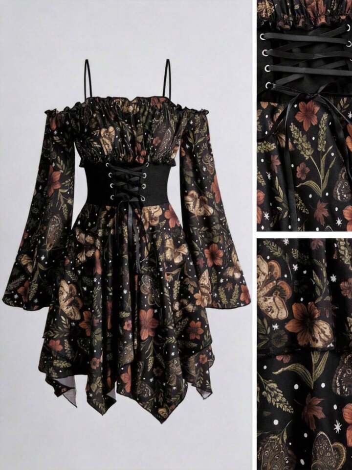 Fairycore Hippie Autumn Leaf Forest Witch Floral Plant Leaf All-Over Print Criss-Cross Backless Off-Shoulder Mini Dress