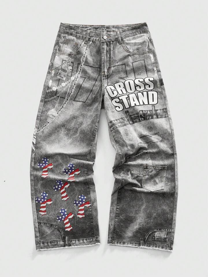 Anime Men's Letter Chain Pattern Pocket Wide Leg Loose Casual Jeans