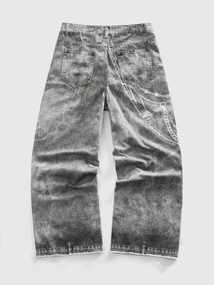 Anime Men's Letter Chain Pattern Pocket Wide Leg Loose Casual Jeans