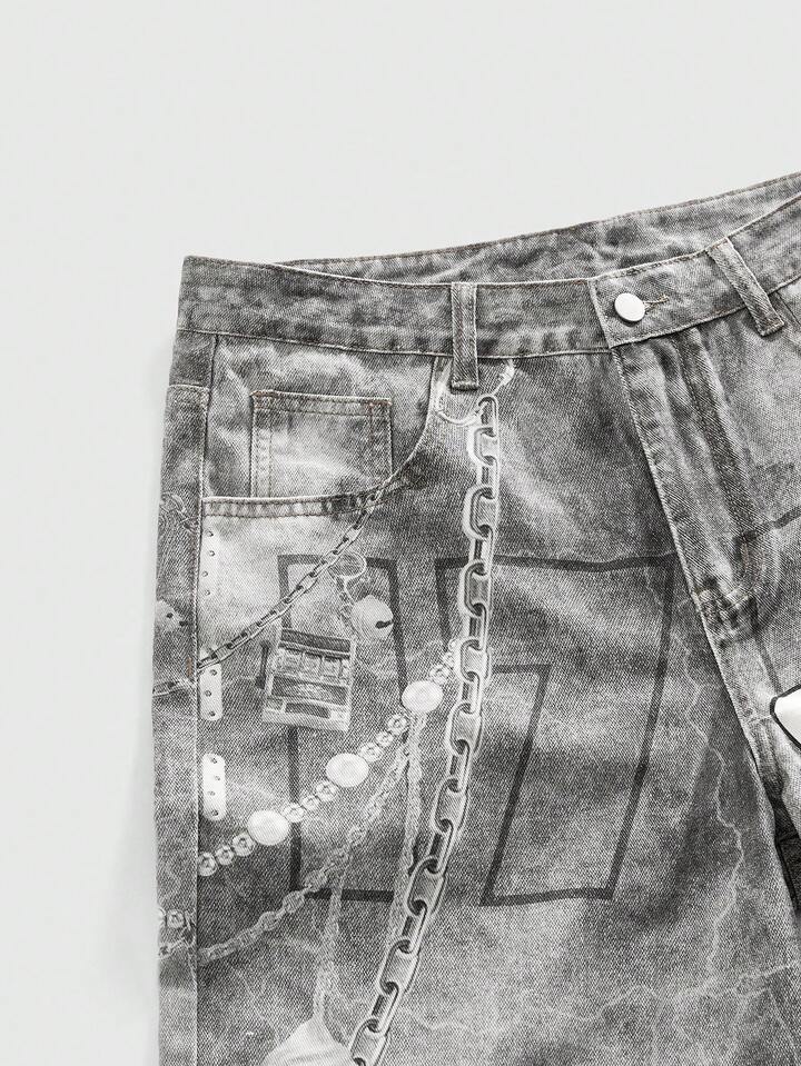 Anime Men's Letter Chain Pattern Pocket Wide Leg Loose Casual Jeans