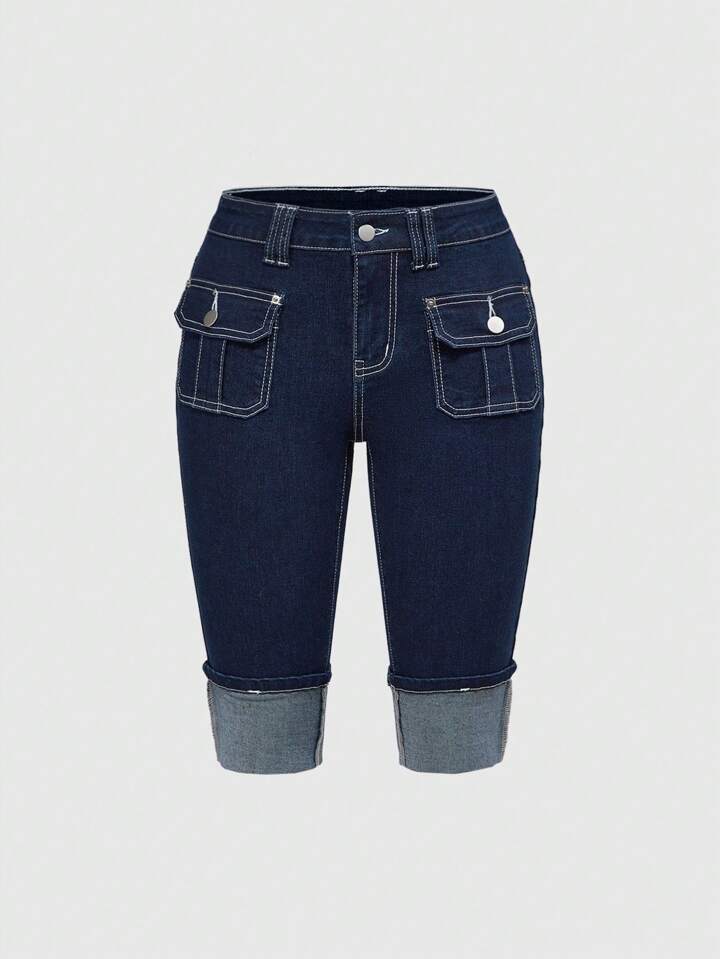 Grunge Punk Y2K Baddie Retro Chic All-Match Versatile Ultra Low-Waist Skinny Mid-Length Denim Capri Pants