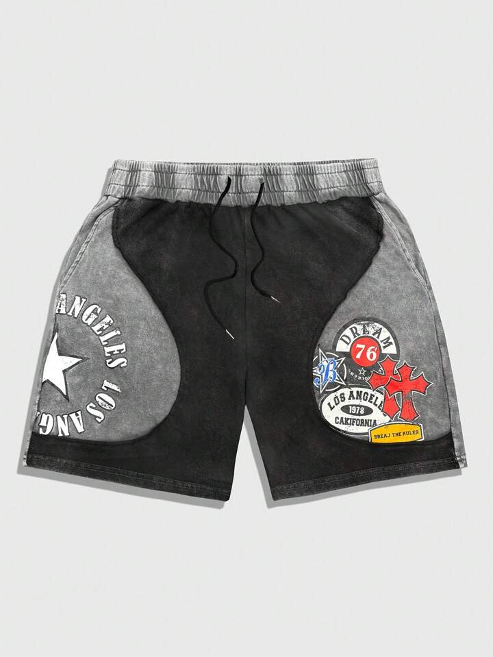 Prep Men's Street Summer Casual Contrast Color Patchwork Letter Print Shorts