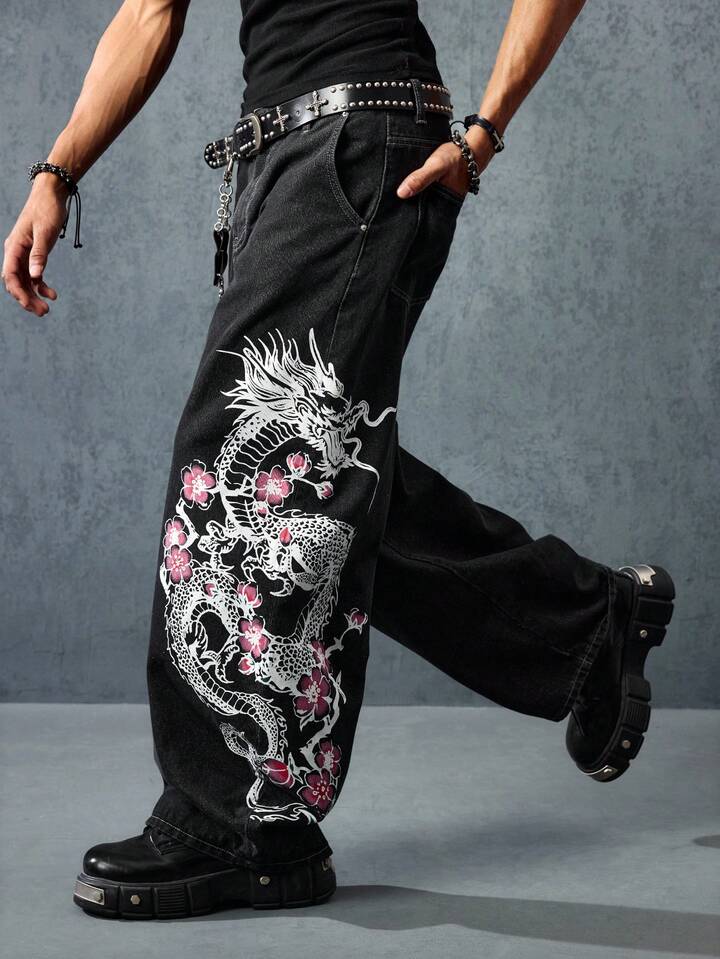 Anime Men's Fashion Street Dragon & Sakura Print Loose Wide Leg Flared Jeans, Belt Not Included