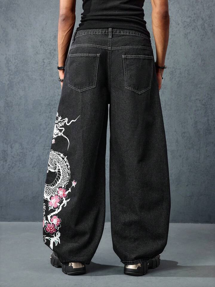 Anime Men's Fashion Street Dragon & Sakura Print Loose Wide Leg Flared Jeans, Belt Not Included