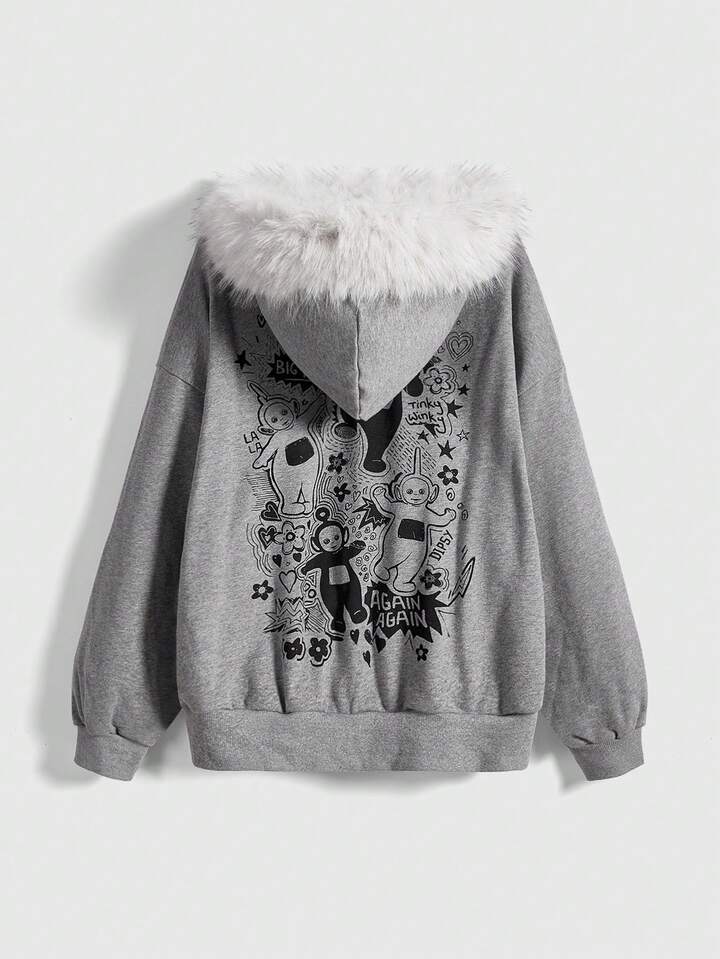 Teletubbies X ROMWE Cute Cartoon Pattern Zip-Up Loose Contrast Fuzzy Trim Hooded Sweatshirt