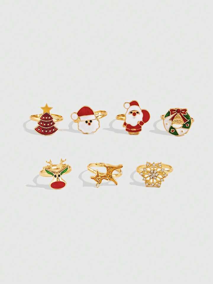 Kawaii 7pcs Fashionable & Cute Christmas Cartoon Adjustable Ring Set, Holiday Gift
