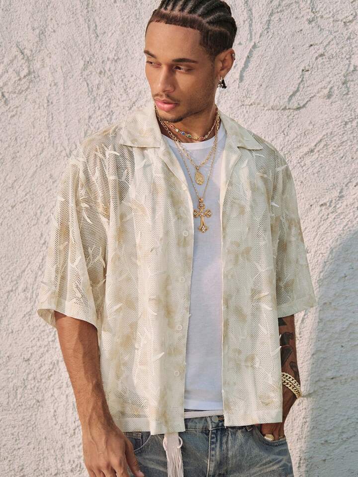 Men's Plant Pattern Print Short Sleeve Single Breasted Casual Loose Fit Shirt, Vacation