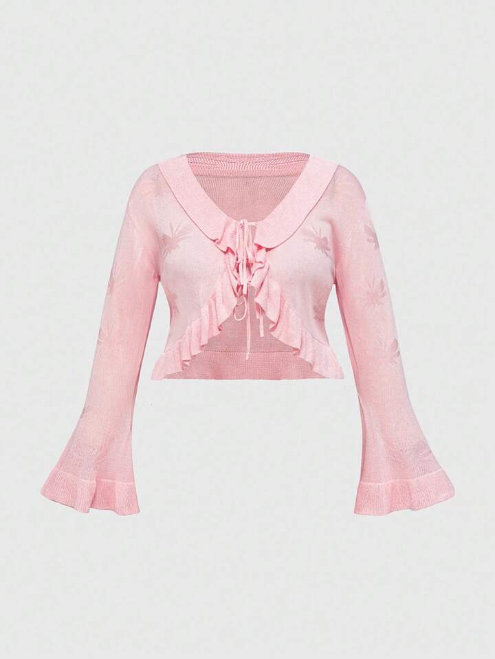Kawaii Plus Size Butterfly Pattern Flared Sleeve Ruffled Hem Cropped Knit Cardigan